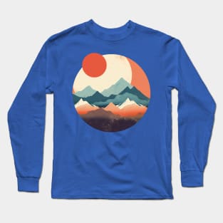 Red Japanese Sun and Moon Flat Style Mountains Long Sleeve T-Shirt